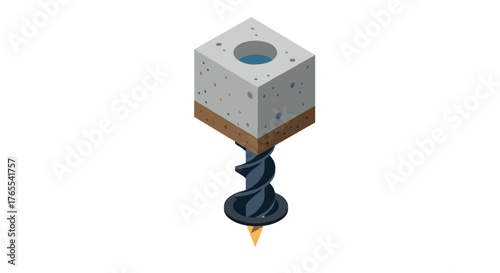 Isometric drill bit embedded in concrete block with metal spiral design