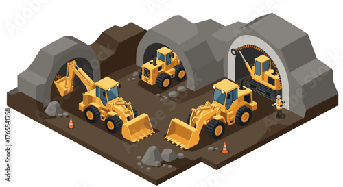 Isometric construction site with heavy machinery in tunnel setting