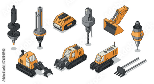 Isometric construction equipment set featuring excavators and drills