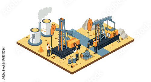Isometric oil rig operation scene with industrial workers and equipment