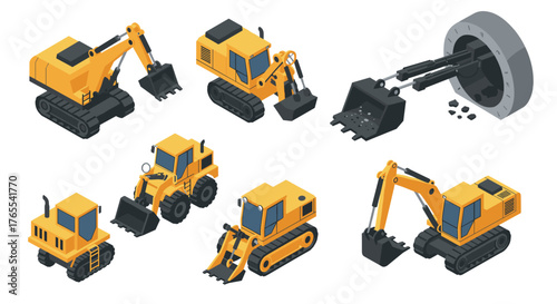 Isometric construction machinery set featuring excavators, bulldozers, and wheel loaders