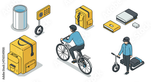Isometric urban mobility and travel essentials with backpack, bicycle, and modern gadgets