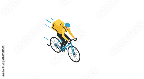 Delivery cyclist in motion with isometric style design