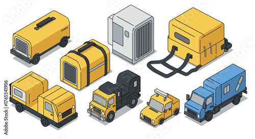 Isometric industrial vehicles and equipment in yellow and blue tones