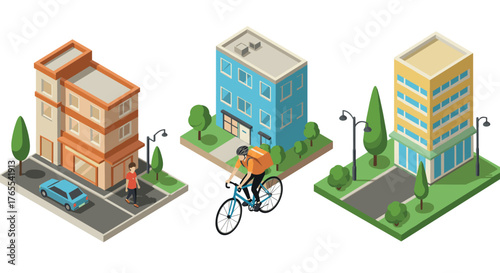 Isometric urban scene with bicyclist near modern buildings and trees