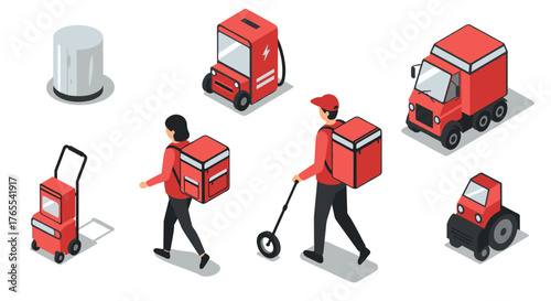 Isometric delivery icons collection featuring delivery workers and red vehicles