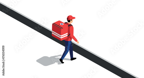 Delivery person walking alongside road in isometric style