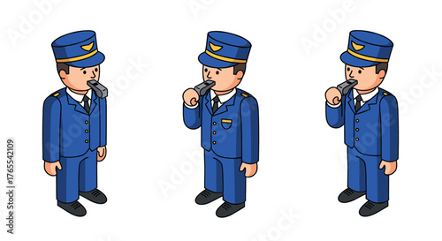 Isometric train conductor in uniform blowing whistle on white background