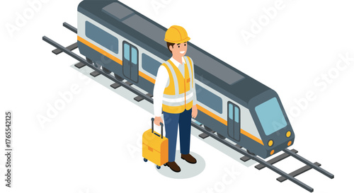 Isometric railway worker in safety gear standing next to modern train on tracks