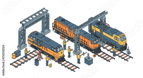 Isometric train maintenance scene with engineers and locomotives in a repair yard