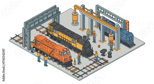 Isometric train maintenance workshop with engineers and locomotives in industrial setting