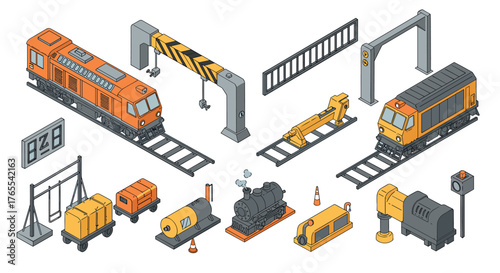 Isometric train yard with modern and vintage locomotives and industrial equipment