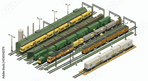 Isometric train yard illustration with multiple freight and passenger trains