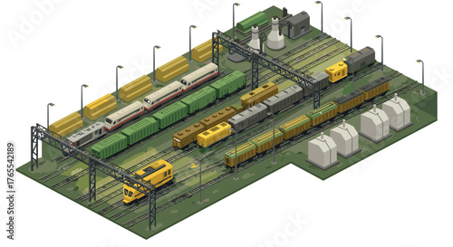 Isometric railway yard scene with trains and industrial buildings