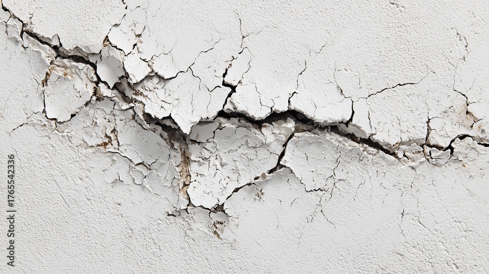 Obraz premium Dramatic close up of a large crack fracturing a weathered white wall, revealing textured plaster and debris beneath.