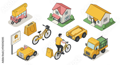 Isometric urban transport and delivery with houses and bicycles