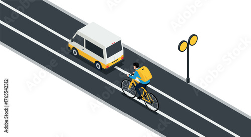 Urban cycling on road with delivery rider and van, isometric design