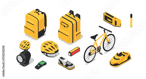 Isometric yellow cycling gear and accessories collection with bicycle and backpack