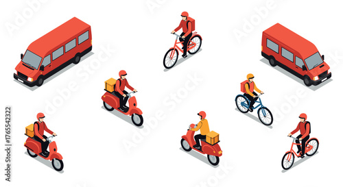 Isometric delivery vehicles and cyclists in red and yellow with couriers