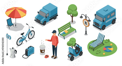 Isometric urban park scene with relaxation and transportation elements