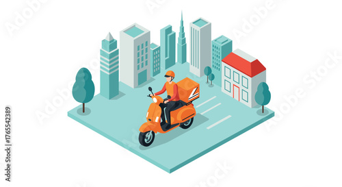 Isometric urban delivery scene with scooter and cityscape background