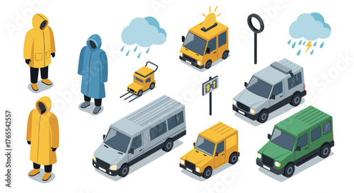 Isometric rainy day vehicles and people in raincoats illustration