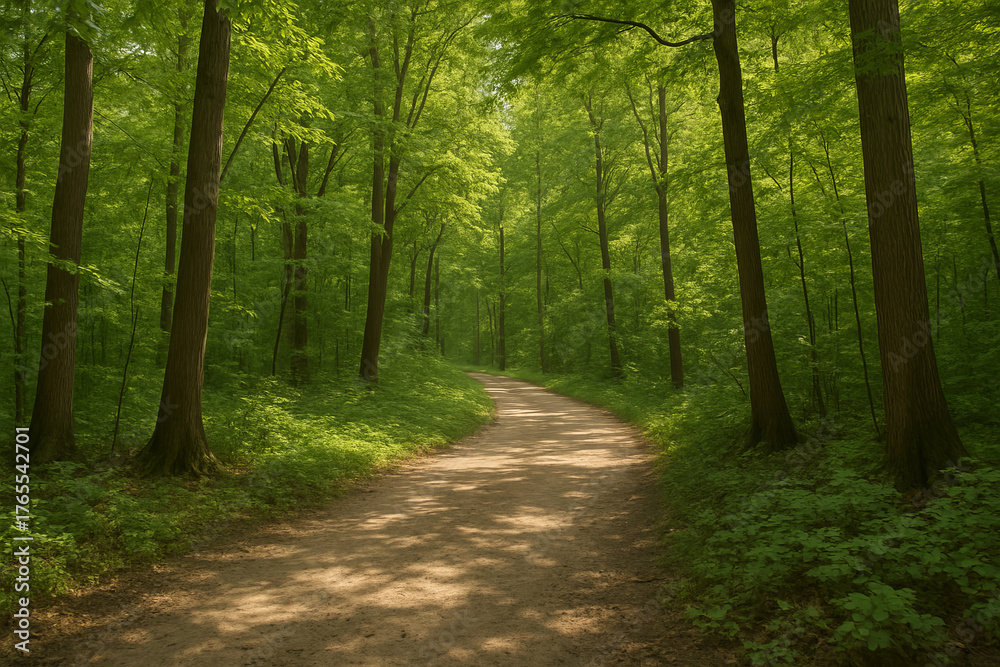 Naklejka premium Forest path surrounded by green trees in sunlight