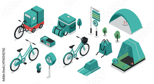 Isometric urban cycling gear and camping equipment set