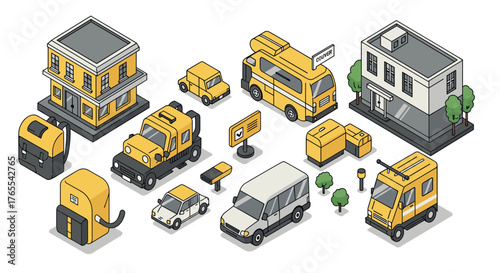 Isometric transportation and buildings icon set in yellow and gray theme