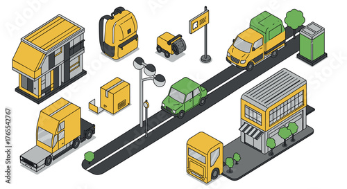 Isometric urban transportation and delivery scene with vehicles and buildings