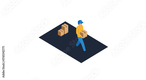 Isometric delivery worker carrying boxes on a white background