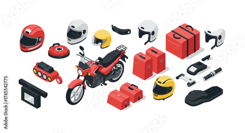 Modern isometric motorcycle gear and accessories collection for enthusiasts