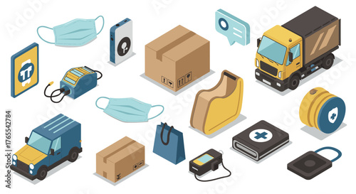 Isometric delivery and logistics elements with vehicles, masks, and packages