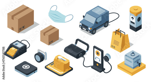 Modern isometric delivery and safety icons set for e-commerce