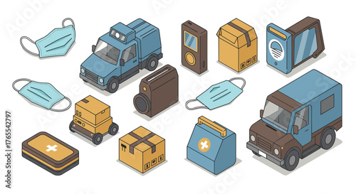 Isometric medical and delivery icons set: vehicles, packages, masks, first aid