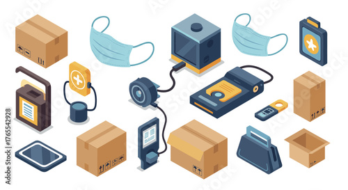 Isometric delivery and medical equipment icons: boxes, masks, and devices for modern logistics