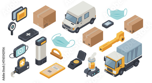 Isometric delivery and healthcare equipment icons with masks and trucks