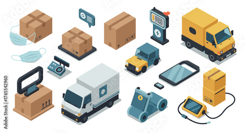Isometric delivery and logistics elements set with trucks, boxes, and devices