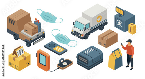 Isometric delivery and online shopping elements featuring trucks, packages, and face masks