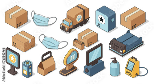 Isometric delivery and healthcare icons with cardboard boxes and medical masks