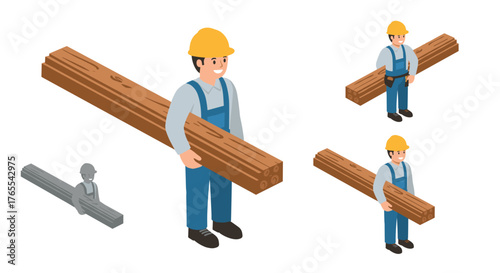 Isometric construction worker carrying wood planks in various angles