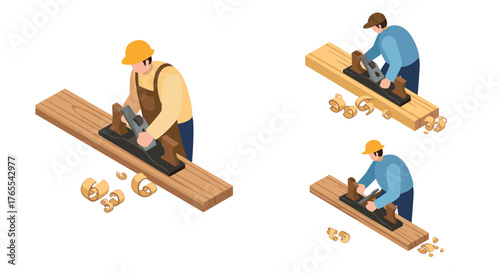 Isometric carpenter working with wood plane tool in three scenes