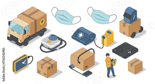 Isometric medical delivery and safety equipment set with masks and health monitoring gadgets