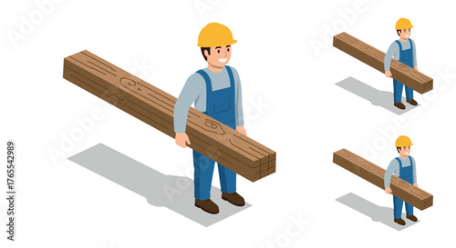 Isometric construction worker carrying lumber in blue overalls