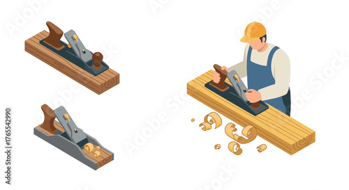 Carpenter using hand planer on wooden plank with shavings in isometric style