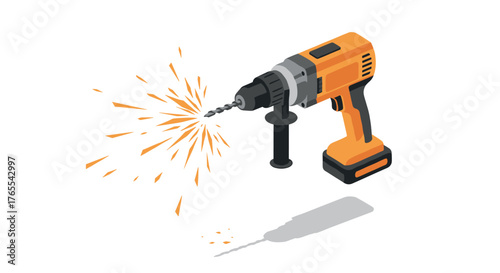 Isometric cordless drill with sparks on white background