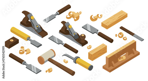 Isometric carpentry tools set featuring planes, chisels, and mallets for woodworking projects