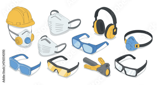Safety gear collection with protective headphones, glasses, masks, and helmet in flat design