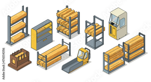 Isometric warehouse elements set featuring wooden shelving and equipment