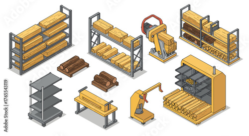 Sawmill equipment in modern isometric design: woodworking machines and storage